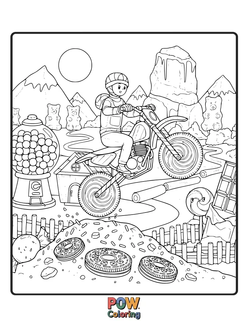 Free coloring page of A sweet dirt bike made of candy and sprinkles, racing on a lollipop-lined track.