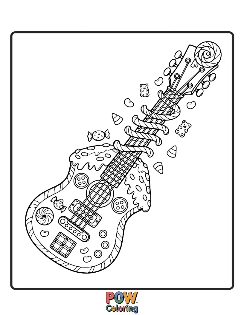 Free coloring page of A guitar made entirely of colorful lollipops, gumdrops, and swirling candy patterns.