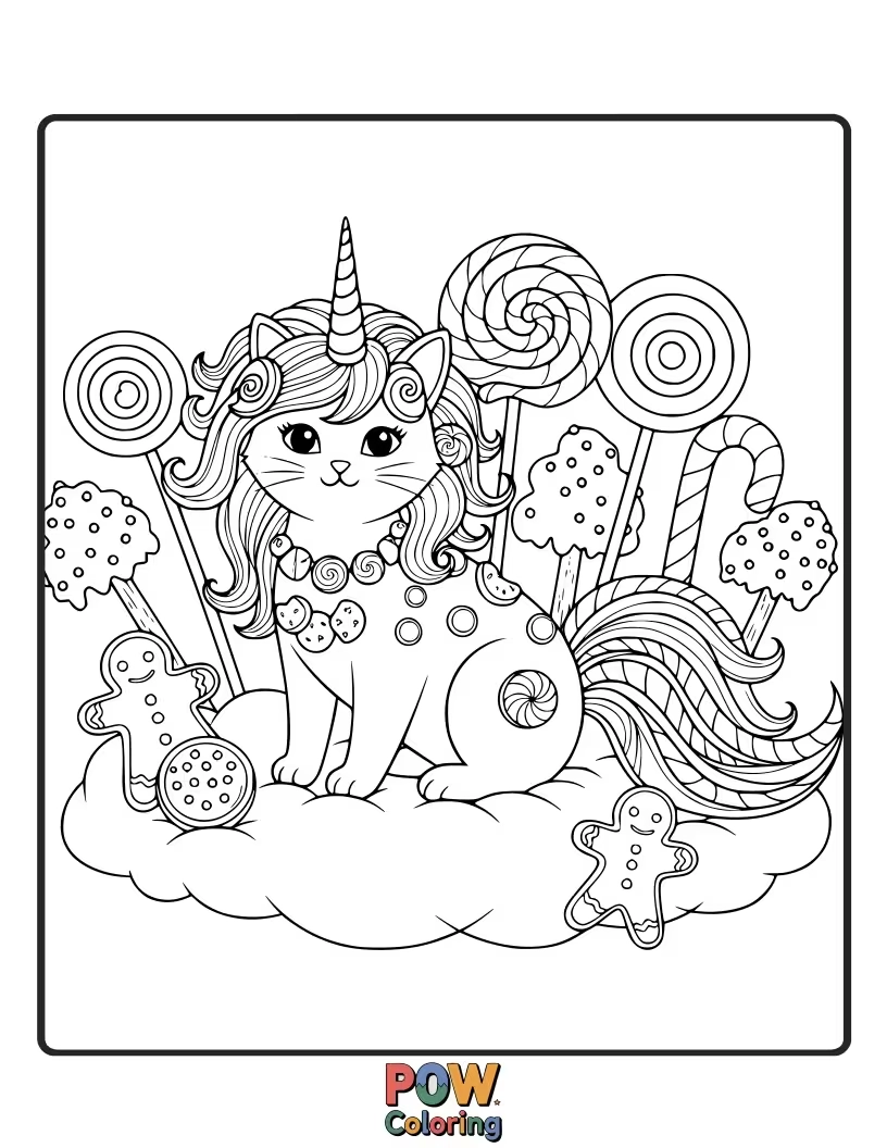 Free coloring page of A cheerful unicorn cat exploring a whimsical land made of giant candies, gingerbread houses, and lollipop trees.