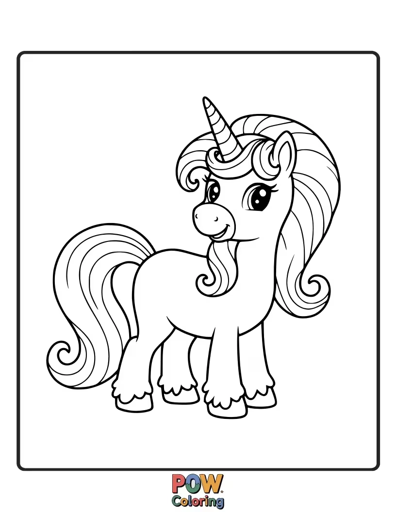 Free coloring page of Sweet unicorn frolicking in a land made of candy, with lollipop trees.