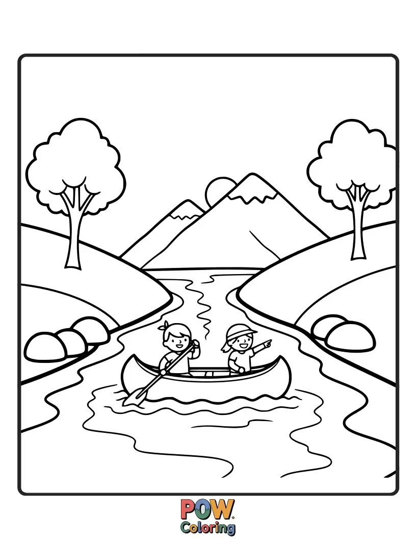 Free coloring page of A canoe on a calm lake with paddles. Imagine exploring waterways by boat.