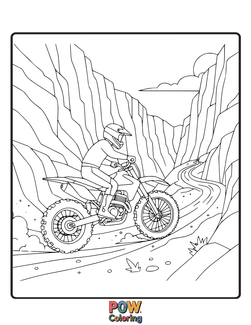 Free coloring page of A dirt bike scaling a steep, winding canyon trail, with majestic rock formations.