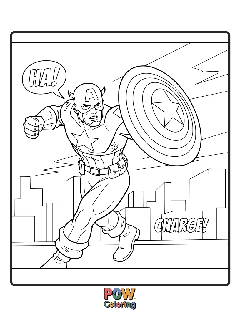 Free coloring page of A classic comic book panel featuring Captain America in action, surrounded by dynamic action lines and bold outlines for a vintage feel.