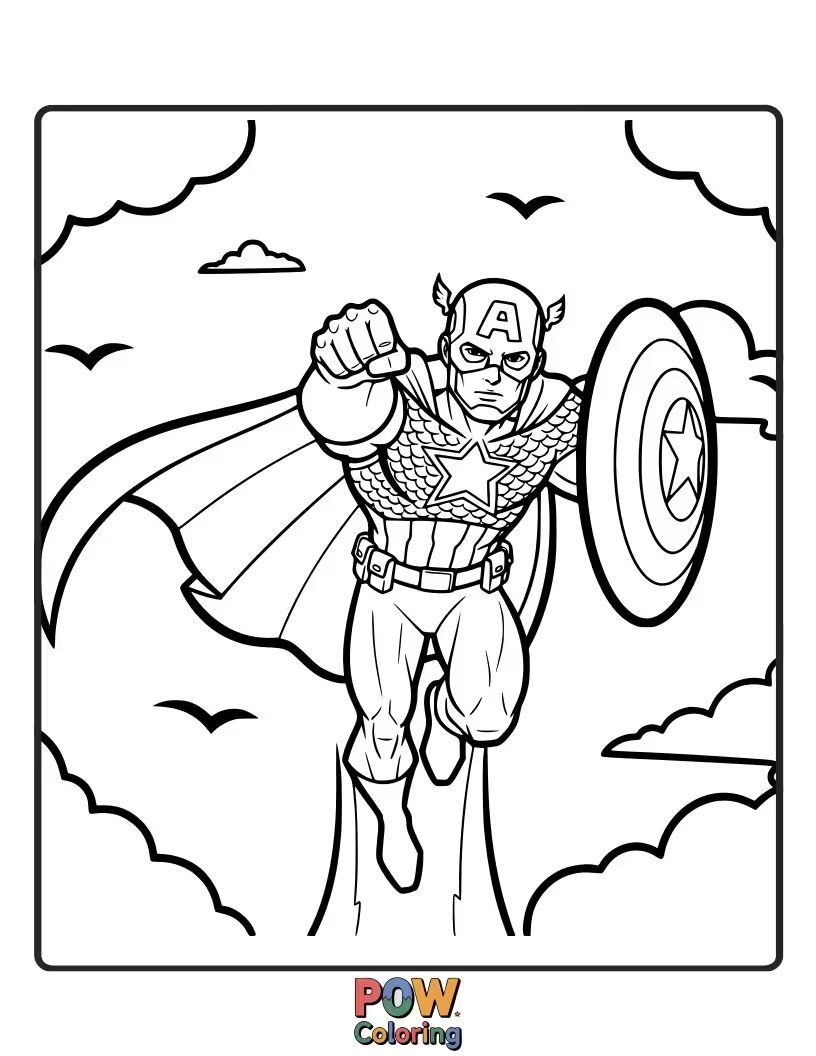 Free coloring page of Imagine Captain America leaping through the air, his shield a blur of motion, ready to tackle any threat with unwavering courage and agility.