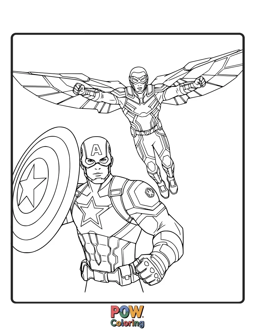 Free coloring page of Captain America teams up with his loyal ally, Falcon, soaring through the sky together. Their dynamic duo poses showcase teamwork and aerial prowess.