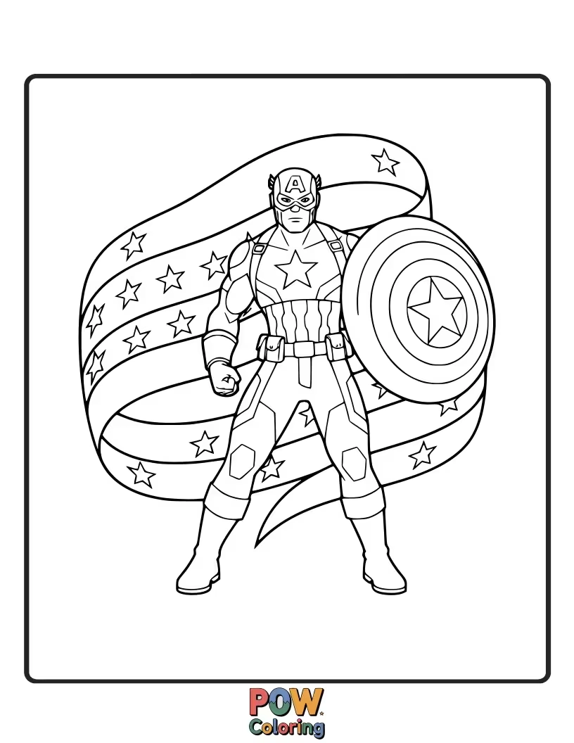 Free coloring page of Captain America stands beneath a large, shining star, symbolizing hope and his iconic imagery. This creates a celestial and inspiring scene.
