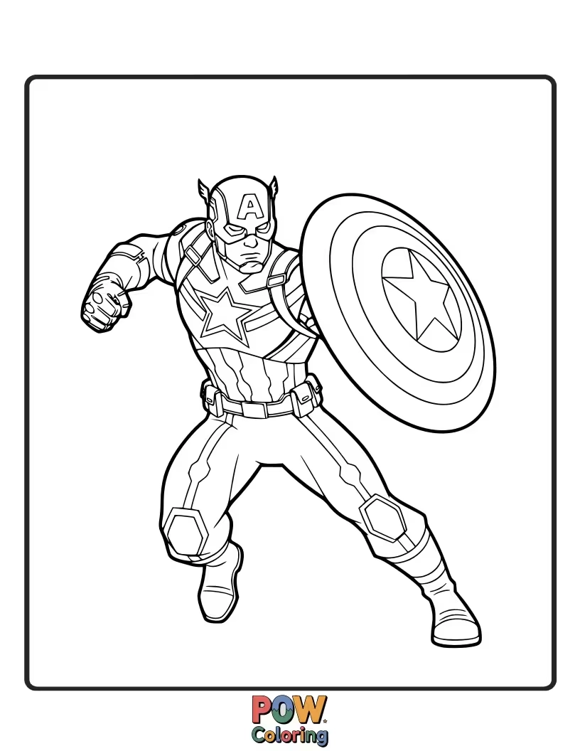 Free coloring page of A straightforward depiction of Captain America in his classic suit, ready for any mission. This design focuses on the iconic details of his costume.