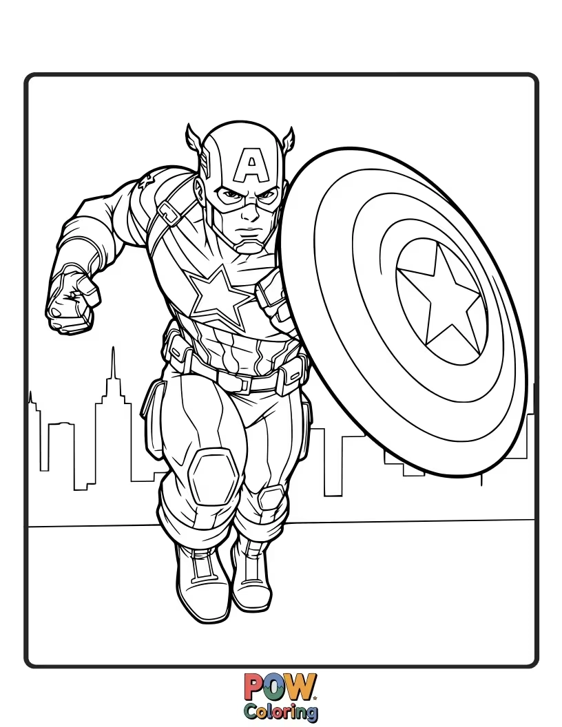 Free coloring page of Captain America stands guard, his shield positioned defensively, ever vigilant and ready to protect. This scene emphasizes his role as a protector.