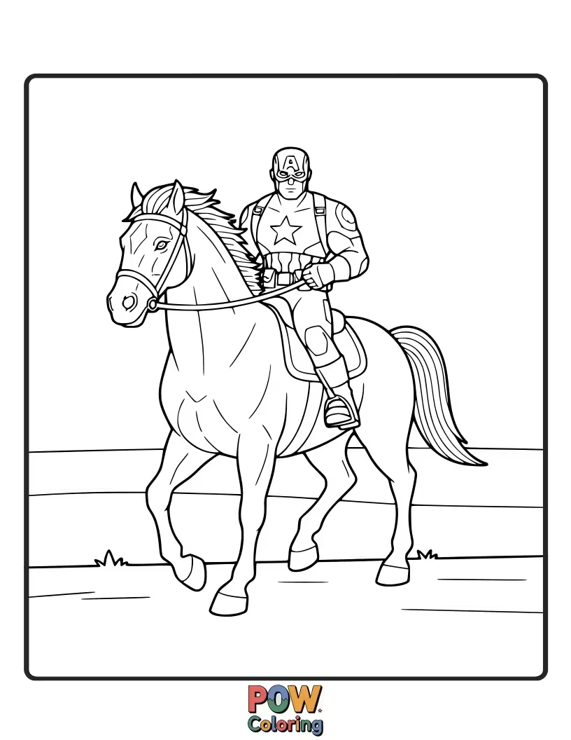 Free coloring page of An imaginative take on Captain America, perhaps in a historical setting, riding a powerful steed with his shield by his side.