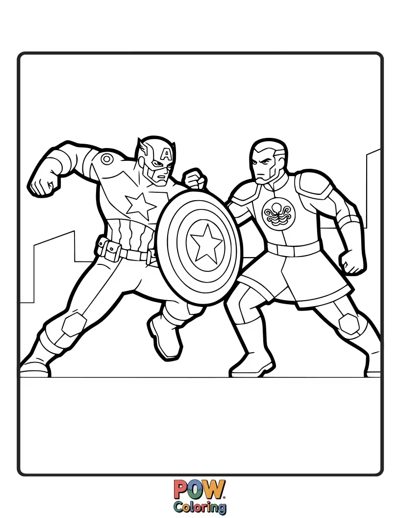 Free coloring page of Illustrate Captain America facing off against his arch-nemesis, Hydra agents. This action-packed scene depicts a heroic struggle against evil forces.