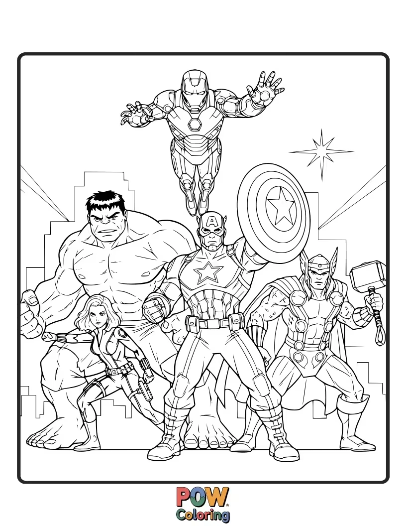 Free coloring page of Captain America stands alongside other Avengers, united in their mission. This image celebrates teamwork and the strength of the superhero collective.