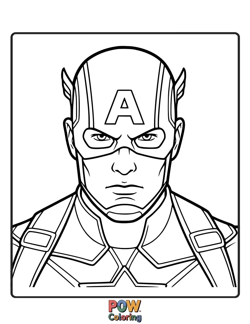Free coloring page of Focus on the intense gaze of Captain America as he surveys the battlefield. This close-up highlights his steely resolve and leadership qualities.