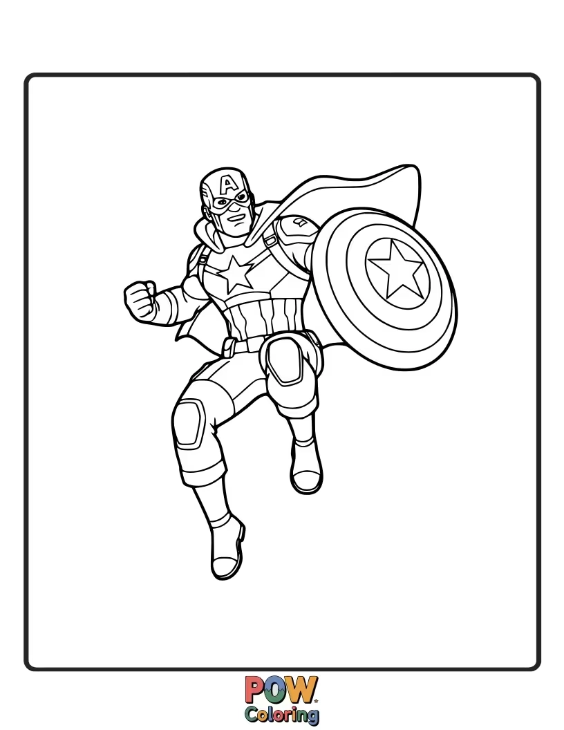 Free coloring page of Show Captain America executing a powerful and dynamic jump, conveying agility and impressive athletic ability. This is full of movement.