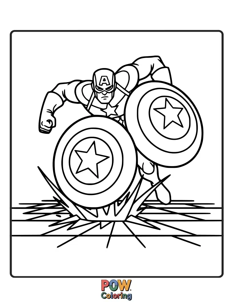 Free coloring page of Illustrate Captain America performing a powerful ground pound, creating an impact effect around him. This shows his raw physical strength.