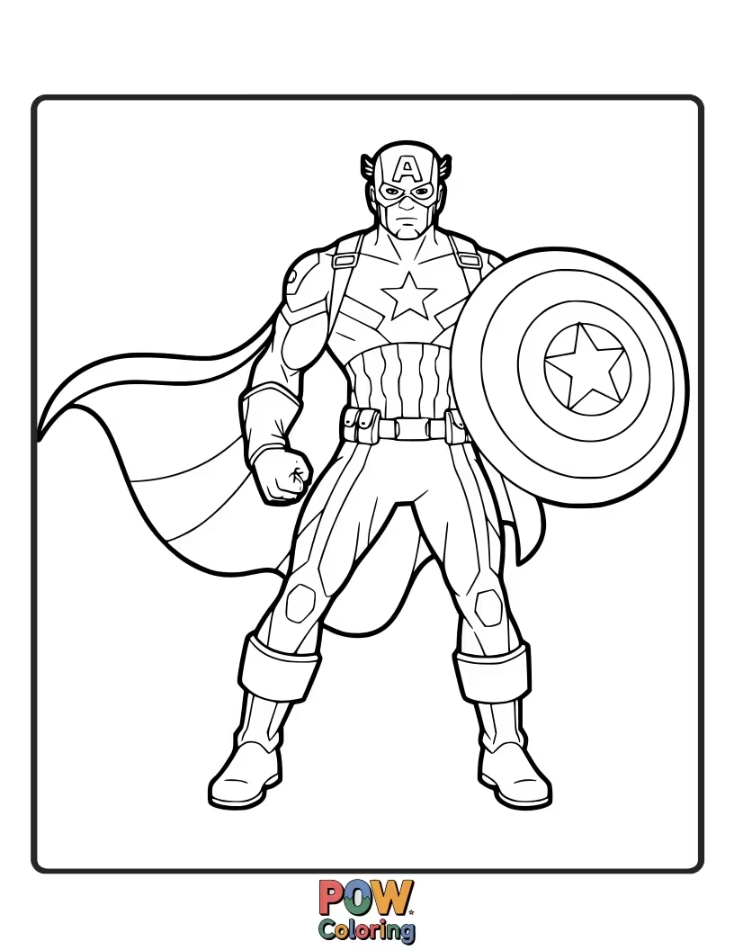 Free coloring page of A classic, strong pose of Captain America, embodying heroism and unwavering resolve. This is a timeless depiction of the character.