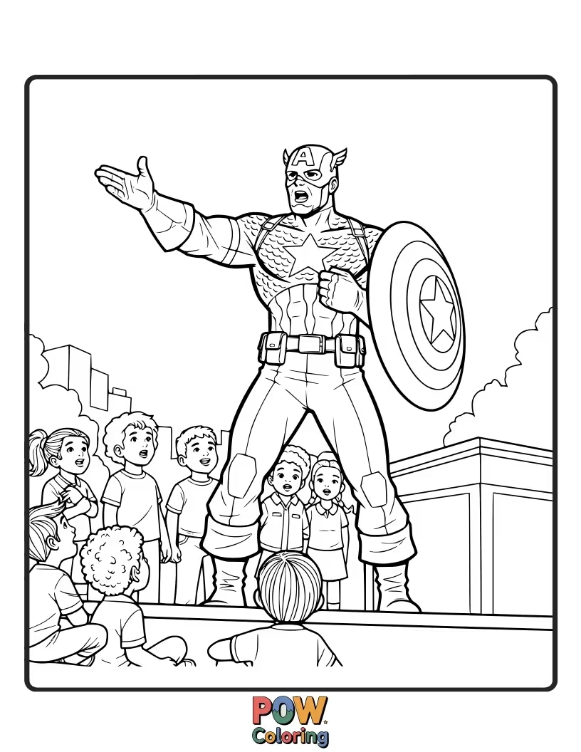 Free coloring page of Captain America stands before a crowd, delivering an inspiring speech. This scene highlights his ability to motivate and rally others to the cause.