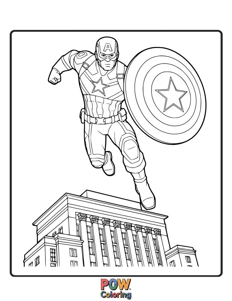 Free coloring page of Captain America makes a grand entrance, shield gleaming, ready to face any challenge. This depicts his heroic and impactful arrival.