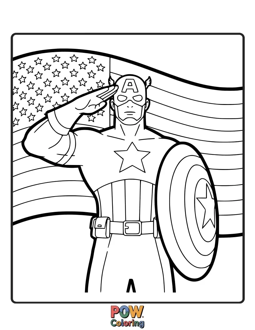 Free coloring page of A noble Captain America stands tall, saluting the flag with respect and honor. This image embodies his unwavering patriotism and dedication.
