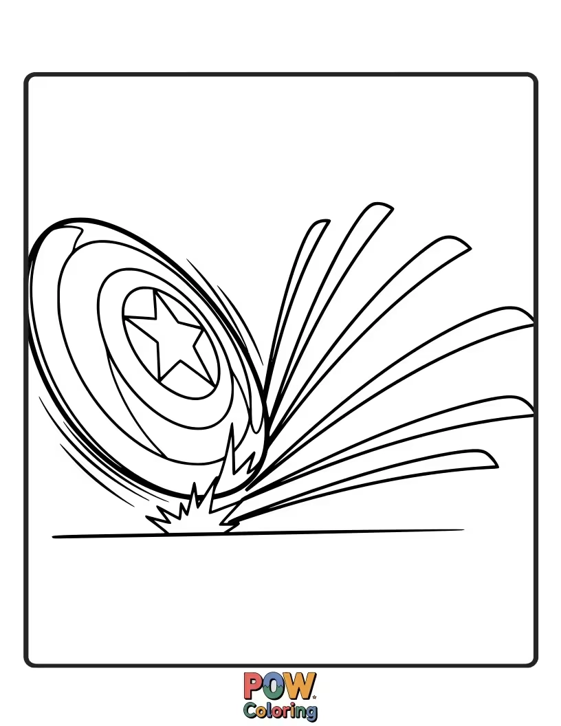 Free coloring page of Show Captain America's shield ricocheting off a surface, a visual representation of its incredible power and Captain America's skill.