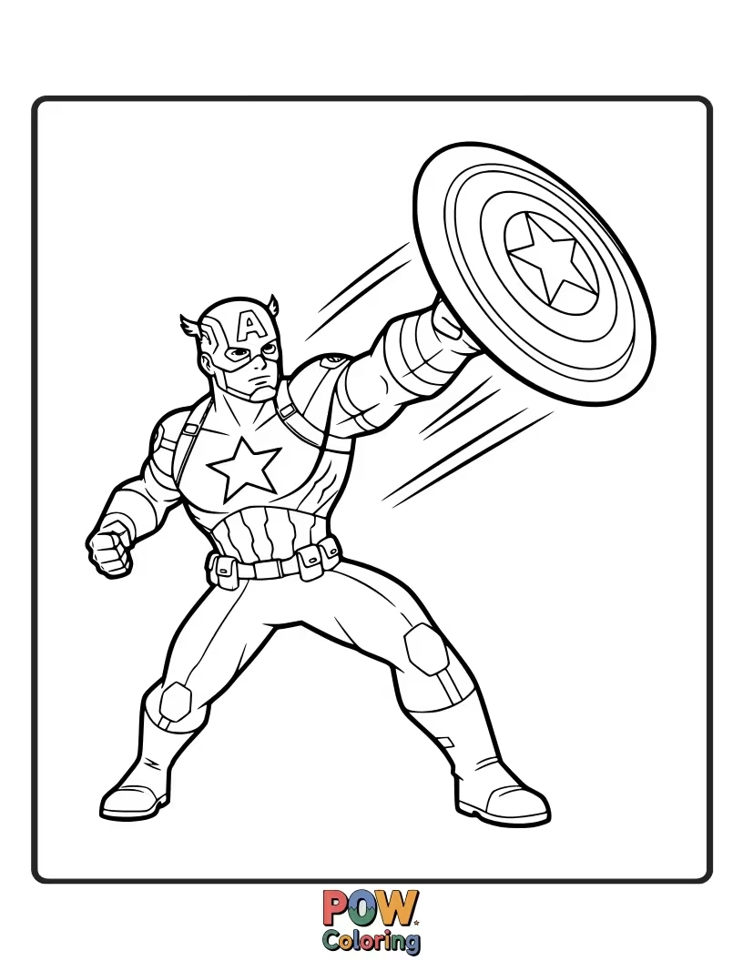Free coloring page of Capture the moment Captain America throws his shield with precision and force. This dynamic pose showcases his signature offensive move.