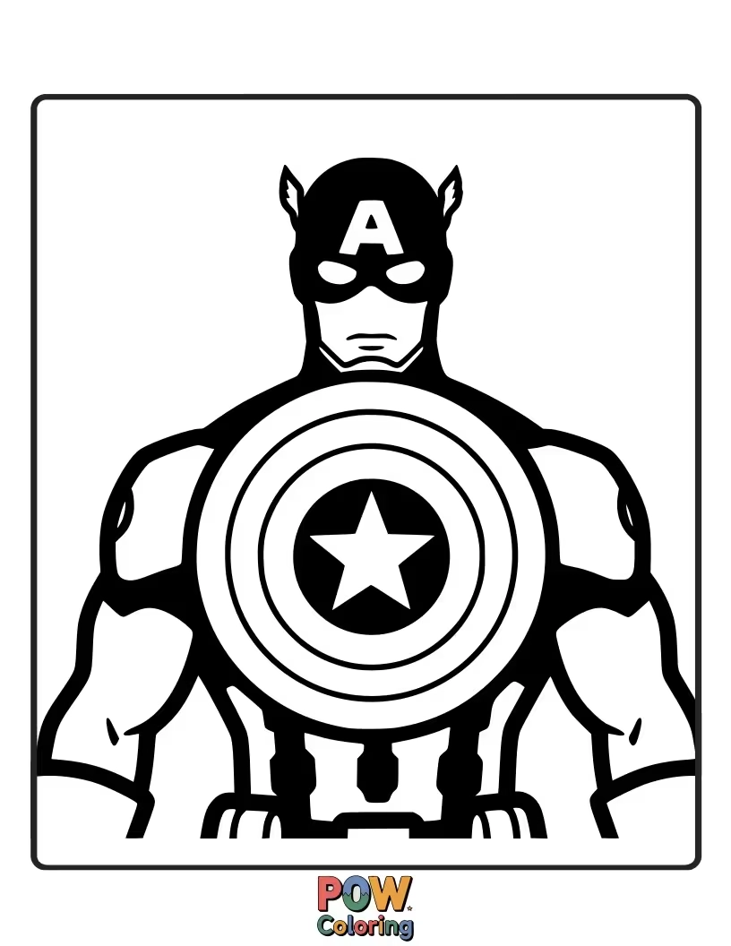 Free coloring page of A striking silhouette of Captain America against a sunrise or cityscape, emphasizing his iconic form and heroic presence.