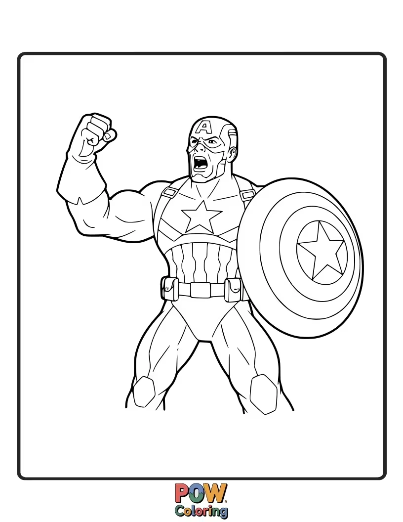 Free coloring page of A powerful depiction of Captain America shouting a war cry, his muscles tensed and ready for battle. This conveys raw power and determination.
