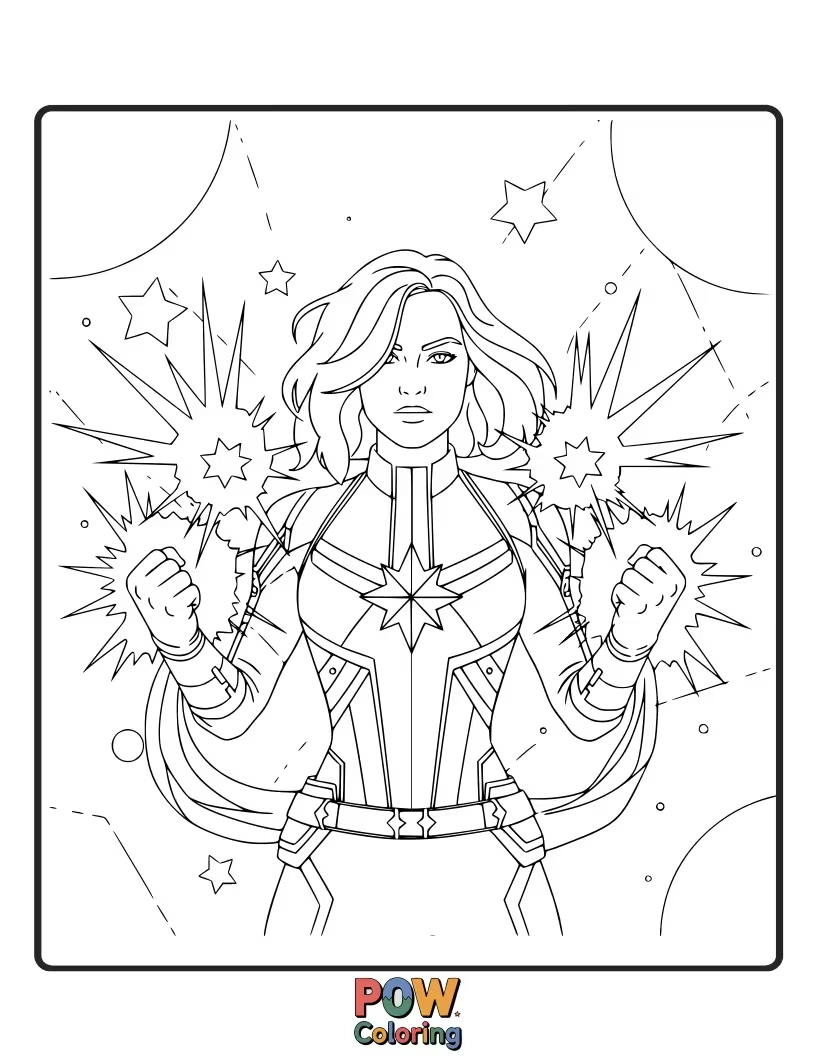 Free coloring page of Carol Danvers soaring through space, radiating her incredible energy. Play with nebulae and starfields.