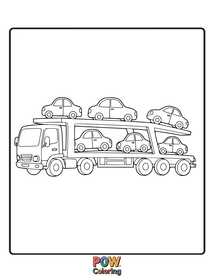 Free coloring page of A multi-level car carrier truck, ready to transport vehicles. Color the truck and imagine the cars it holds.