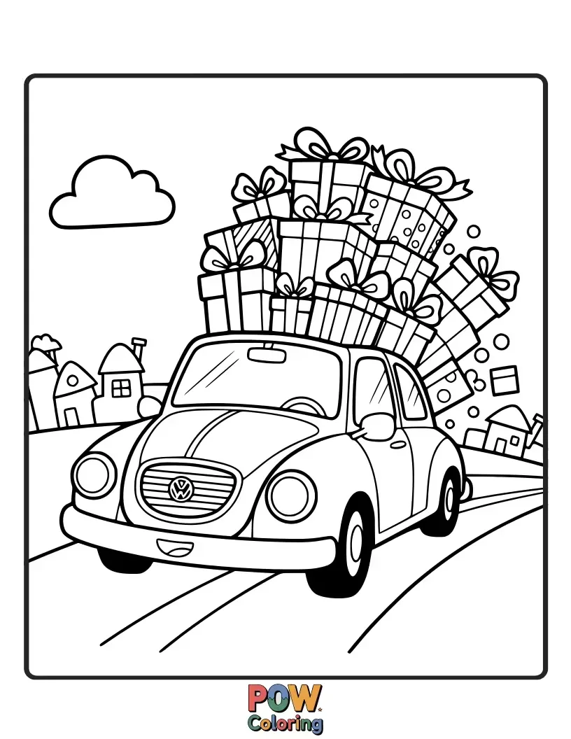 Free coloring page of A cheerful car with its trunk open, filled with colorful presents, ready to spread holiday cheer.
