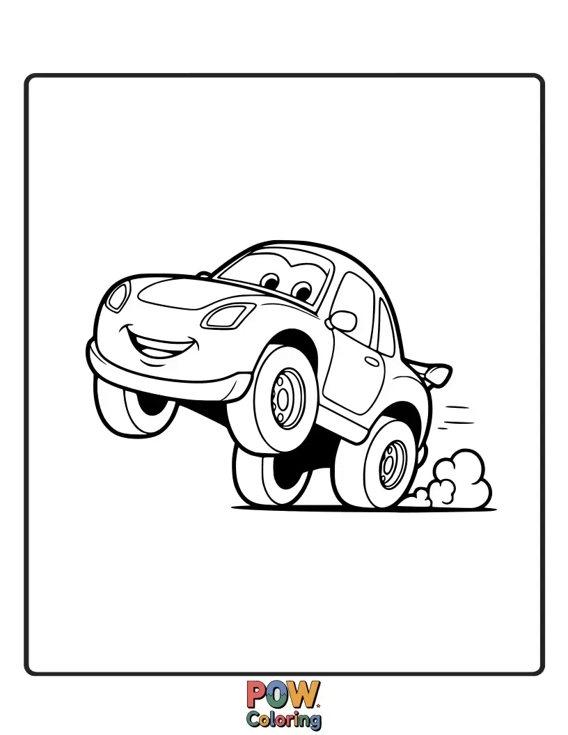 Free coloring page of A mischievous car performing a fun wheelie, with its front wheels in the air and a grin.