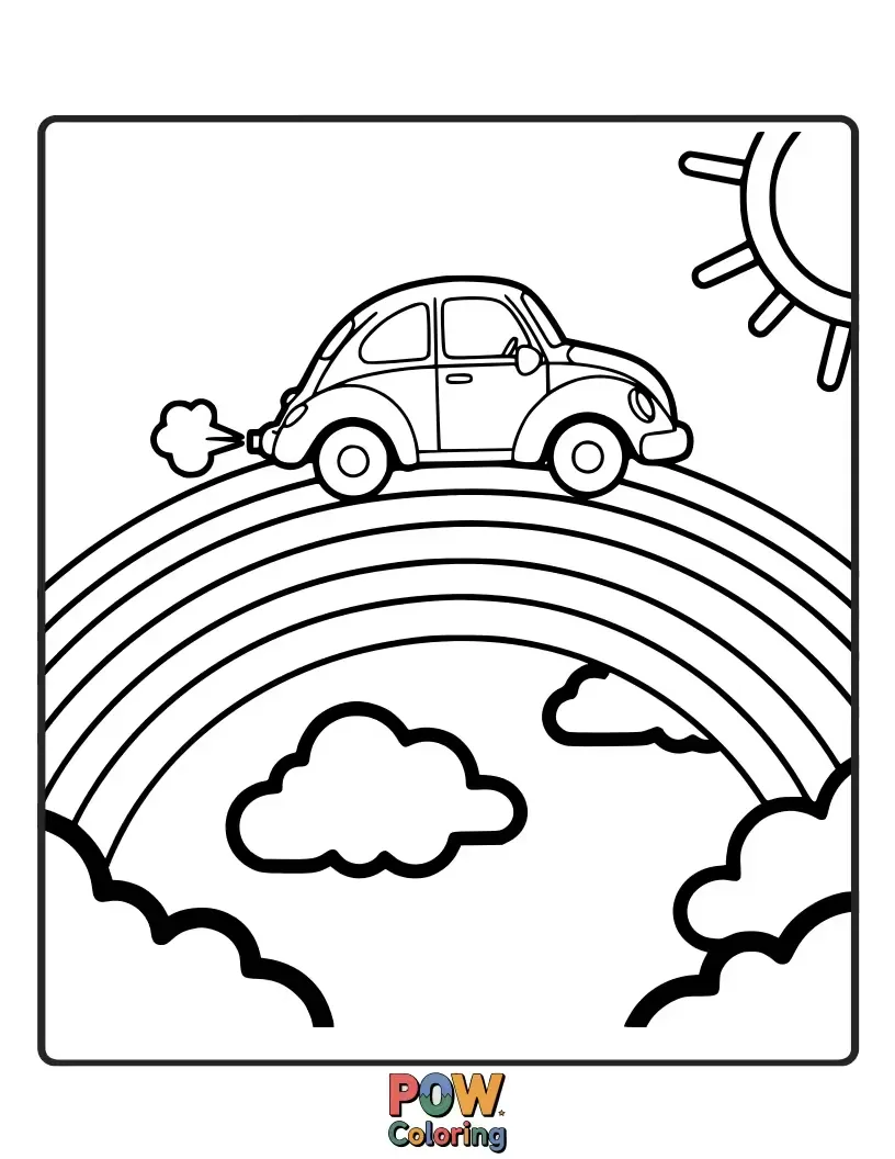 Free coloring page of A car joyfully driving on a bright, vibrant rainbow, leaving a trail of color in its wake.