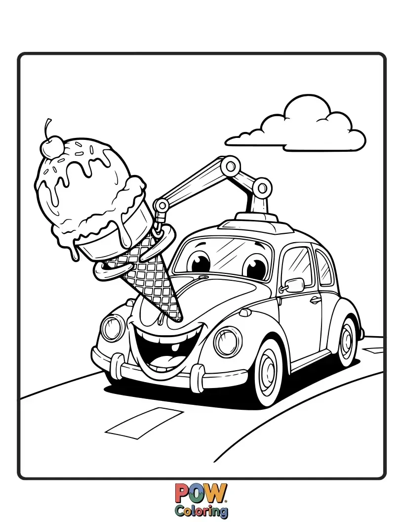 Free coloring page of A happy car with its mouth open, enjoying a giant, dripping ice cream cone as a treat.