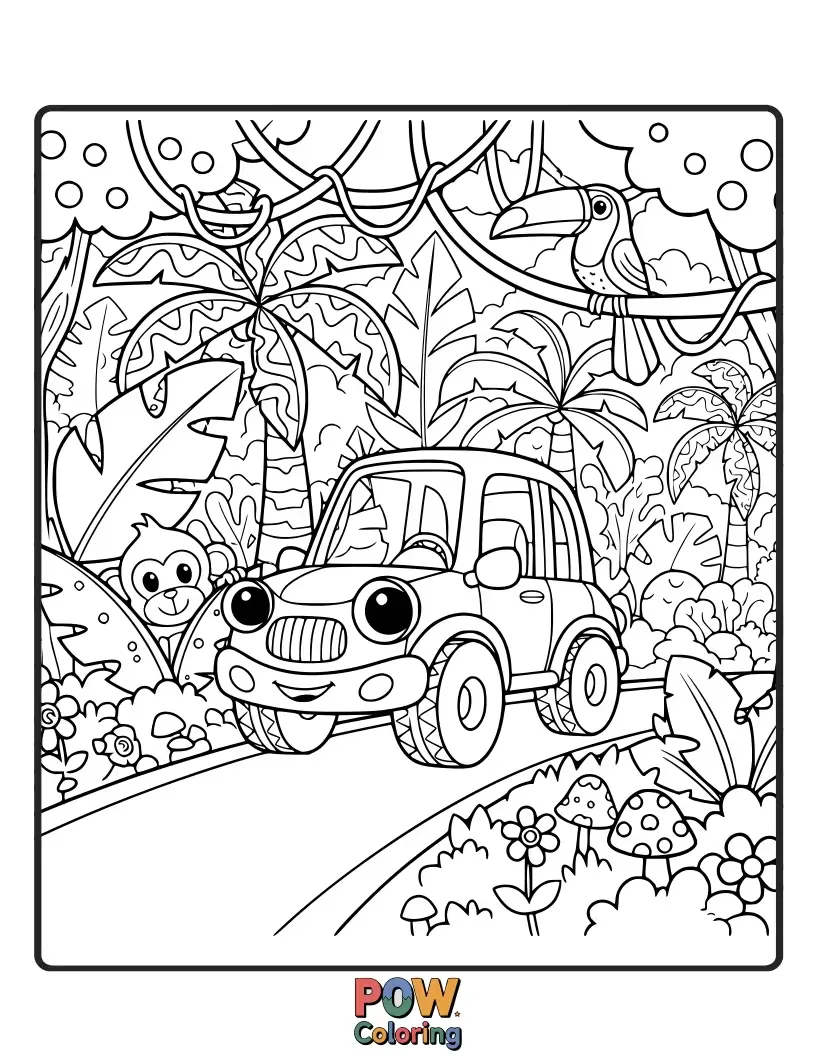 Free coloring page of An adventurous car navigating through a lush jungle, with vines and friendly jungle animals surrounding it.