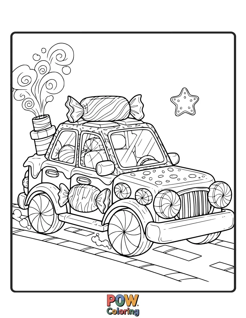 Free coloring page of A car whose body is made of delicious candy treats like lollipops, gumdrops, and chocolate bars.