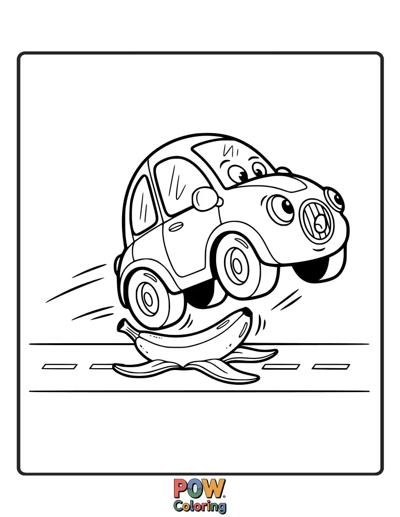 Free coloring page of A comical car accidentally slipping on a banana peel, with arms flailing and a surprised face.