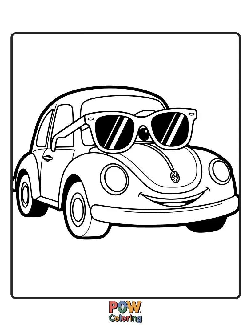 Free coloring page of A cool car sporting oversized, stylish sunglasses, looking super suave and ready to hit the beach.