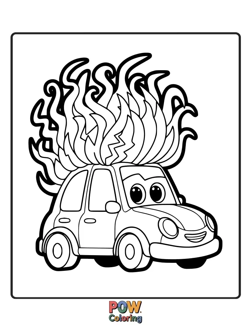 Free coloring page of A car with wild, windblown hair made of colorful flames or clouds, looking like it just had an adventure.