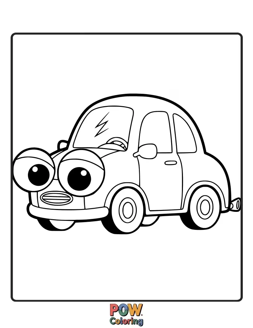 Free coloring page of A car with comically large, wobbly googly eyes, looking surprised and a bit dizzy on a winding road.