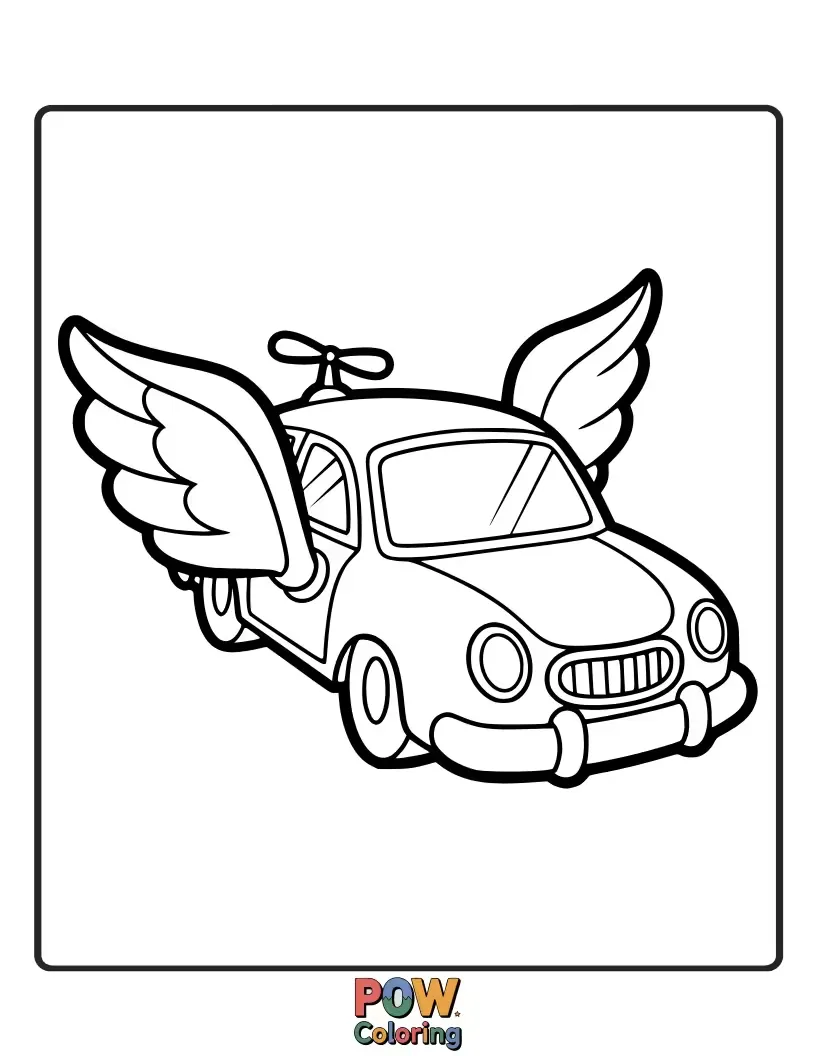 Free coloring page of A car that has sprouted beautiful, feathered wings, ready to take flight above the clouds.