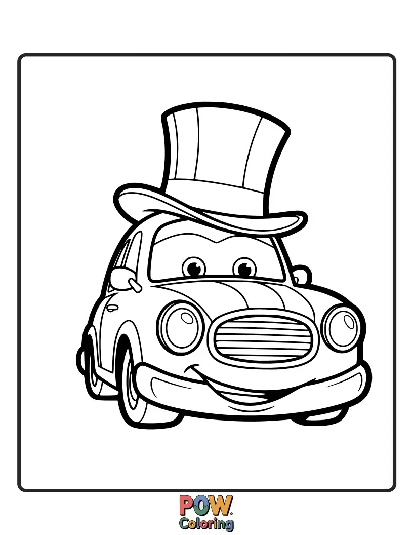 Free coloring page of A distinguished car wearing a tall, elegant top hat, ready for a sophisticated journey.