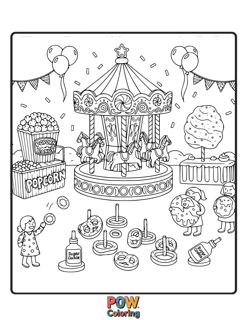 Free coloring page of Festive cookies designed like circus tents, Ferris wheels, and popcorn. A vibrant and exciting sweet celebration!