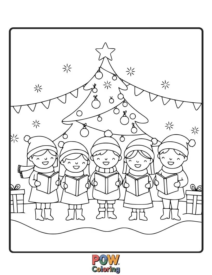 Free coloring page of A group of people singing Christmas carols with cheerful expressions and songbooks. Bring the sound of music to life.