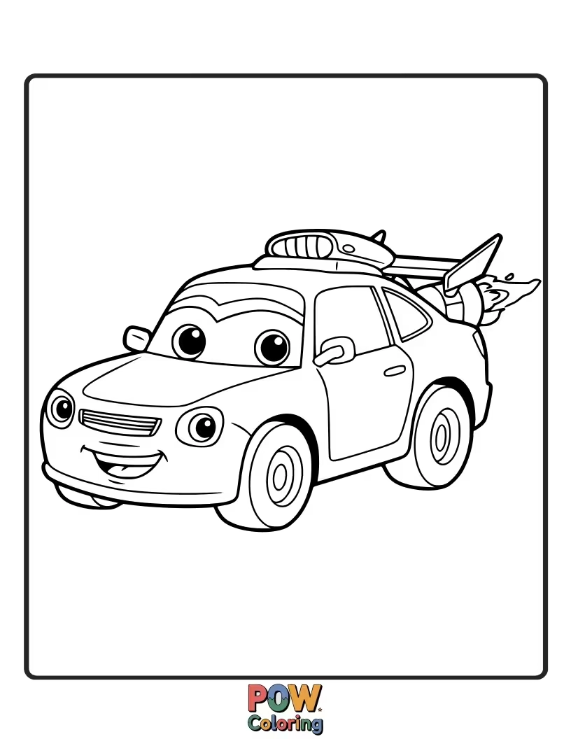 Free coloring page of A playful cartoon race car with big eyes and a smile, ready for a fun, animated race.