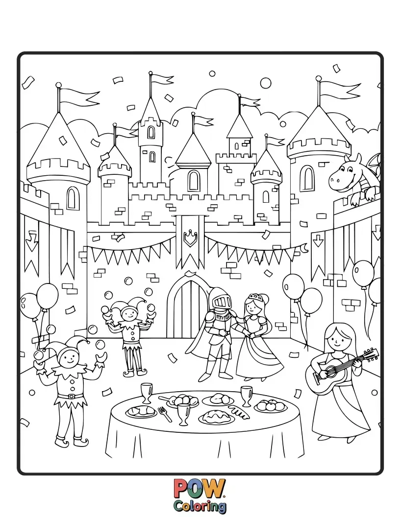Free coloring page of A joyful scene of the kingdom celebrating in the castle courtyard after Cinderella's marriage.