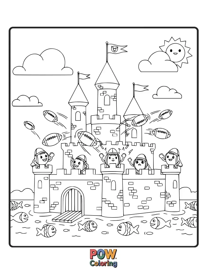 Free coloring page of A miniature football team defending a tiny castle on the field. Epic and imaginative gameplay.