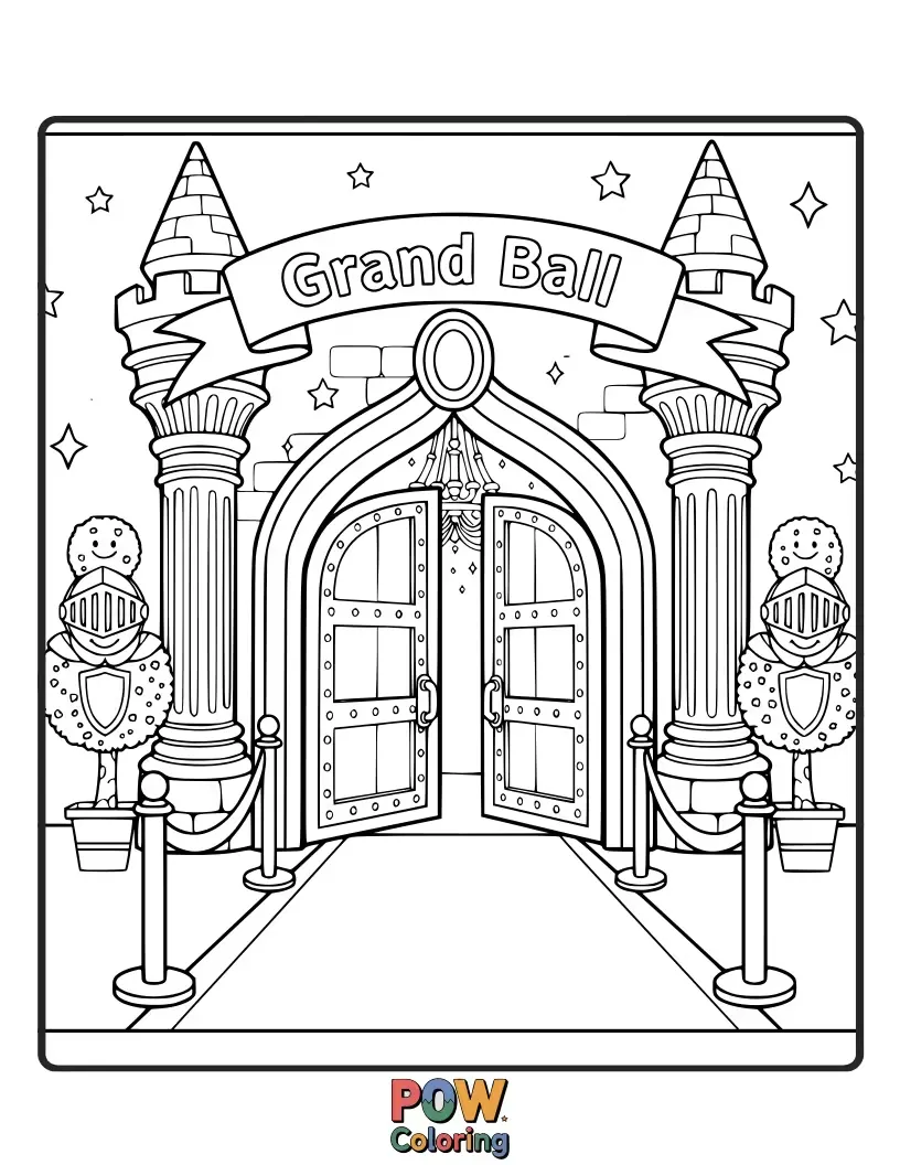 Free coloring page of Cinderella making her grand entrance at the royal ball, her dress shimmering under the chandeliers.