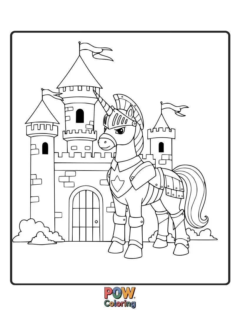 Free coloring page of Strong and noble unicorn standing guard at a fairytale castle entrance.