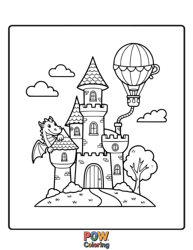 Free coloring page of A miniature castle, complete with turrets and a drawbridge, perched atop a hill. Imagine brave knights and royalty!
