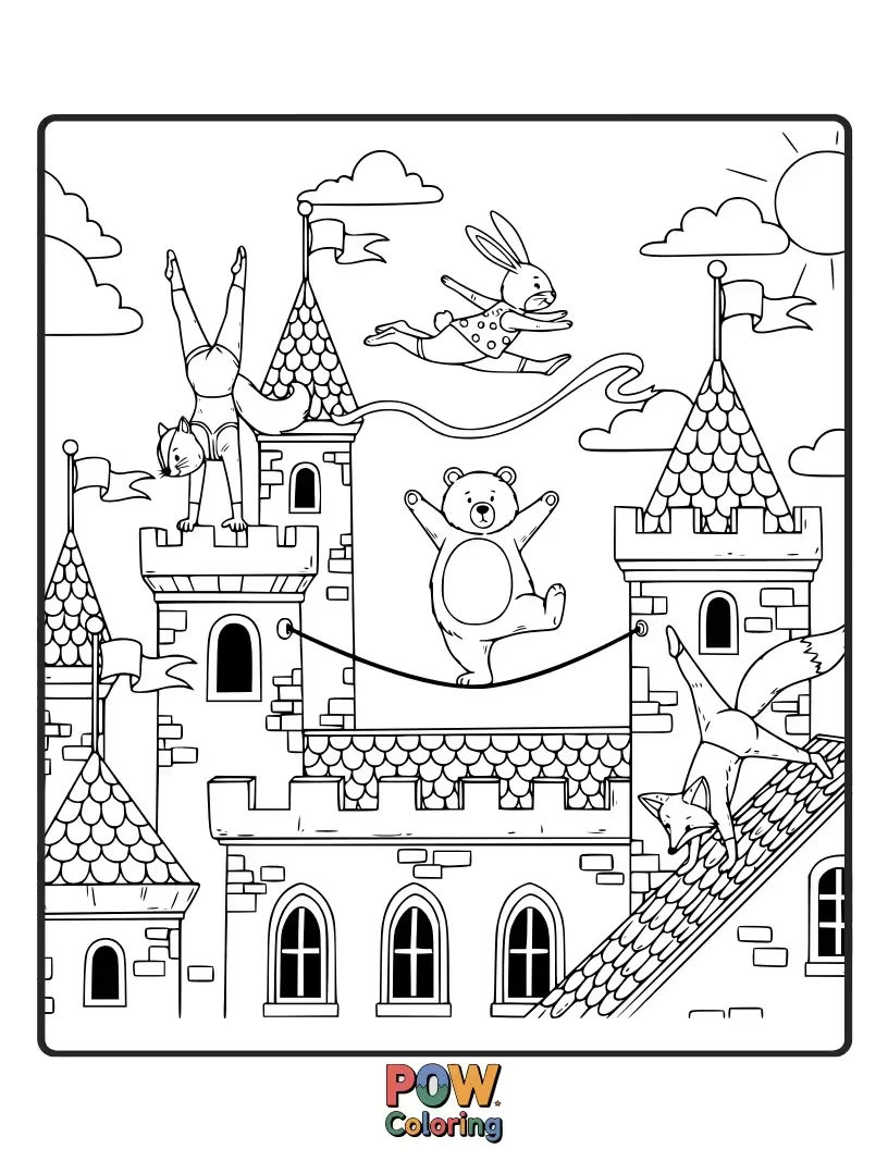 Free coloring page of Princesses and knights performing elegant leaps and balances on the turrets of a majestic castle.