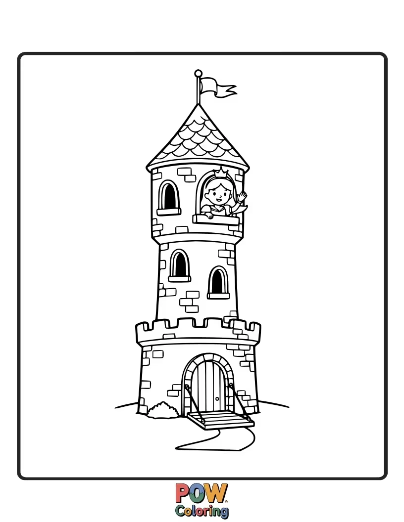 Free coloring page of A thoughtful princess looking out from a high castle tower, surveying her kingdom.